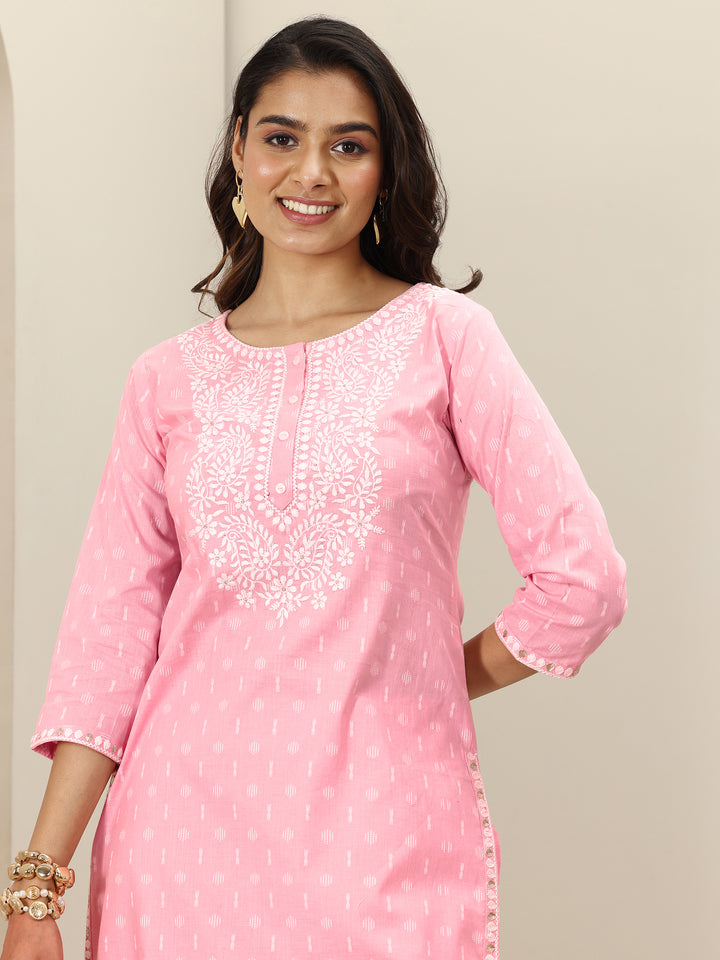 Pink Embroidered Cotton Straight Suit Sets With Dupatta