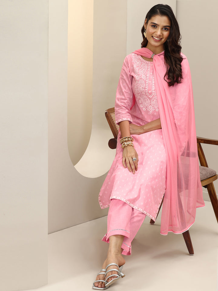 Pink Embroidered Cotton Straight Suit Sets With Dupatta