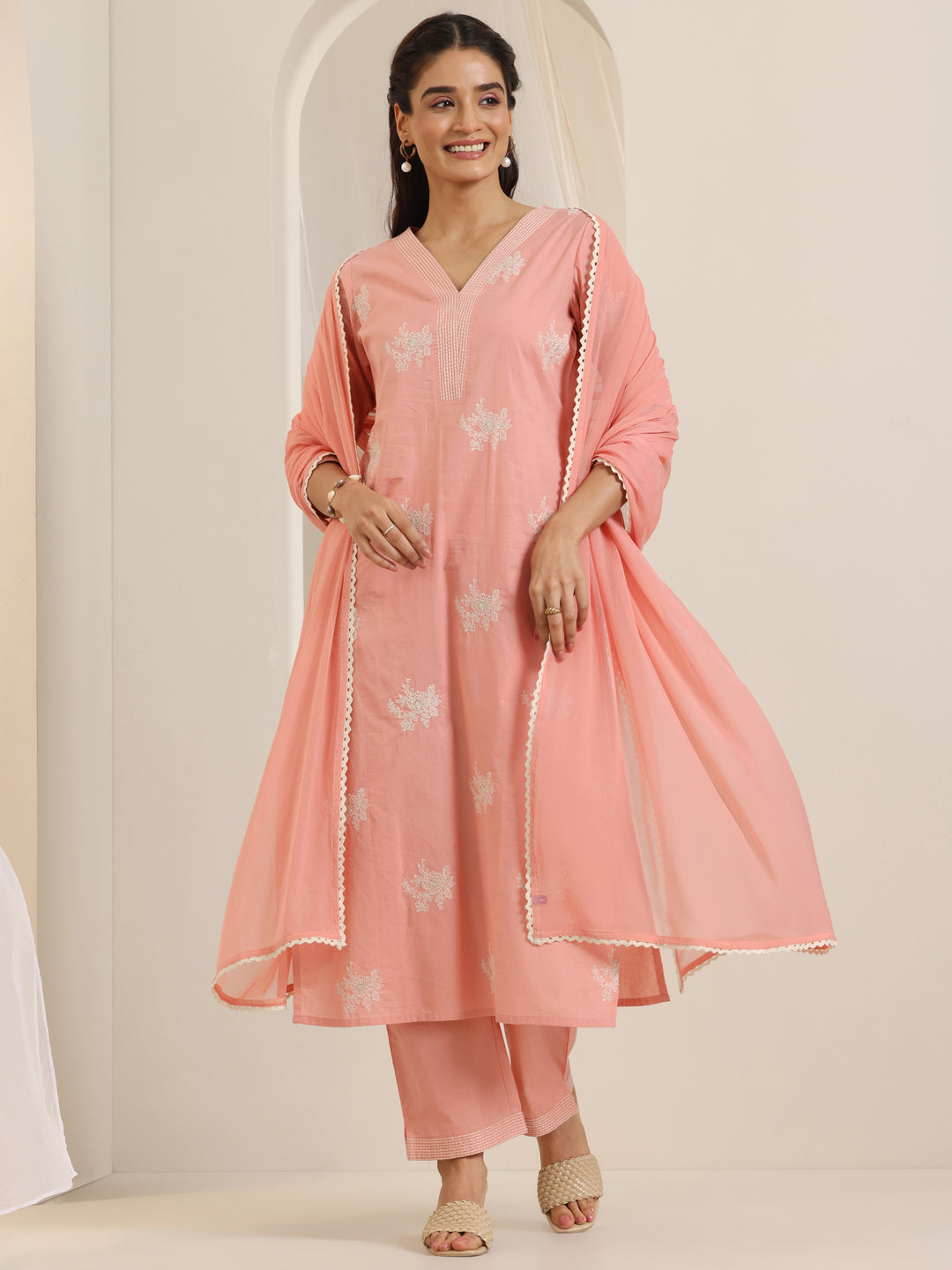 Peach Embroidered Cotton Straight Suit Set With Dupatta