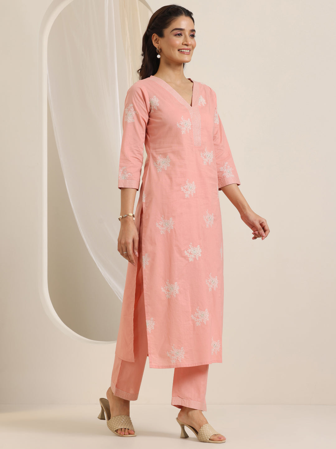 Peach Embroidered Cotton Straight Suit Set With Dupatta