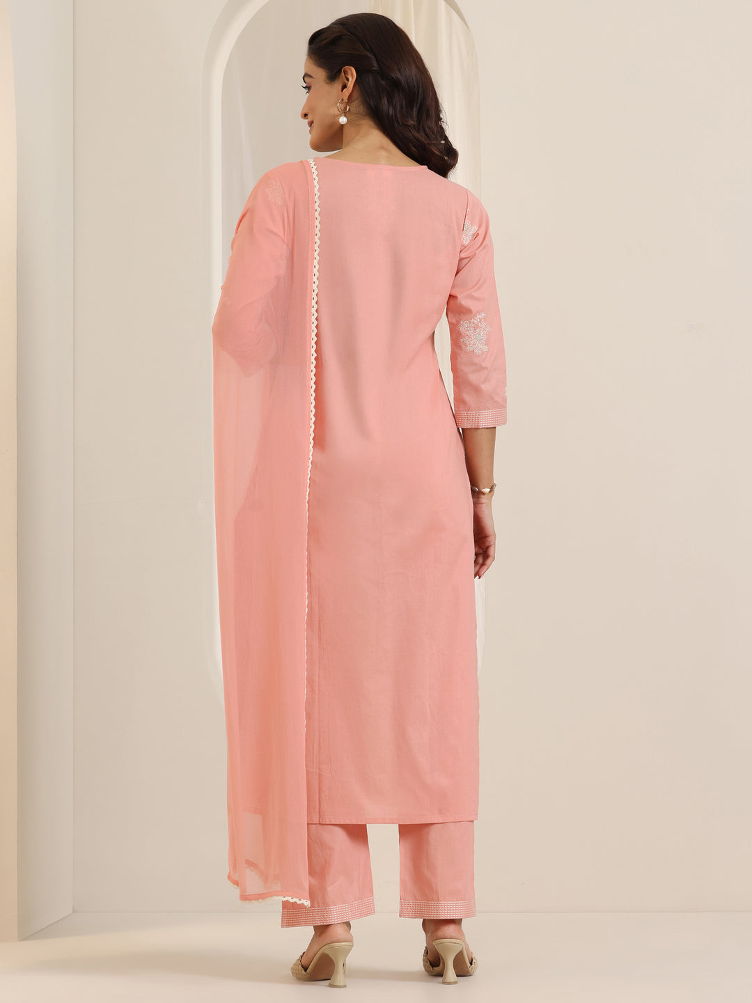 Peach Embroidered Cotton Straight Suit Set With Dupatta