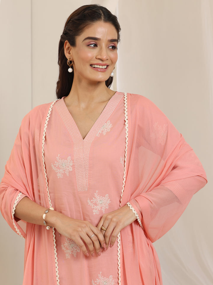 Peach Embroidered Cotton Straight Suit Set With Dupatta