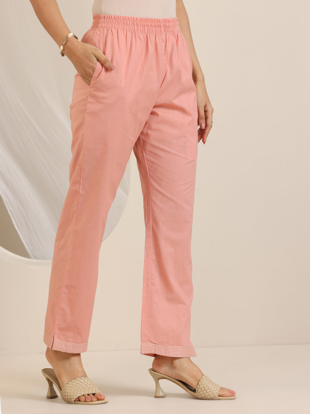 Peach Embroidered Cotton Straight Suit Set With Dupatta