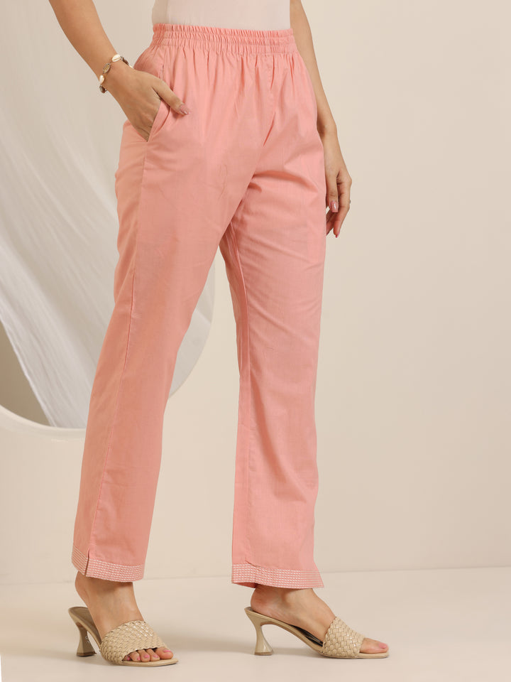 Peach Embroidered Cotton Straight Suit Set With Dupatta