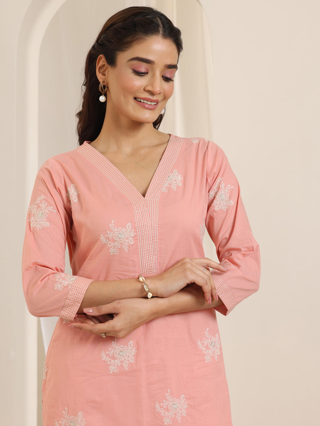 Peach Embroidered Cotton Straight Suit Set With Dupatta