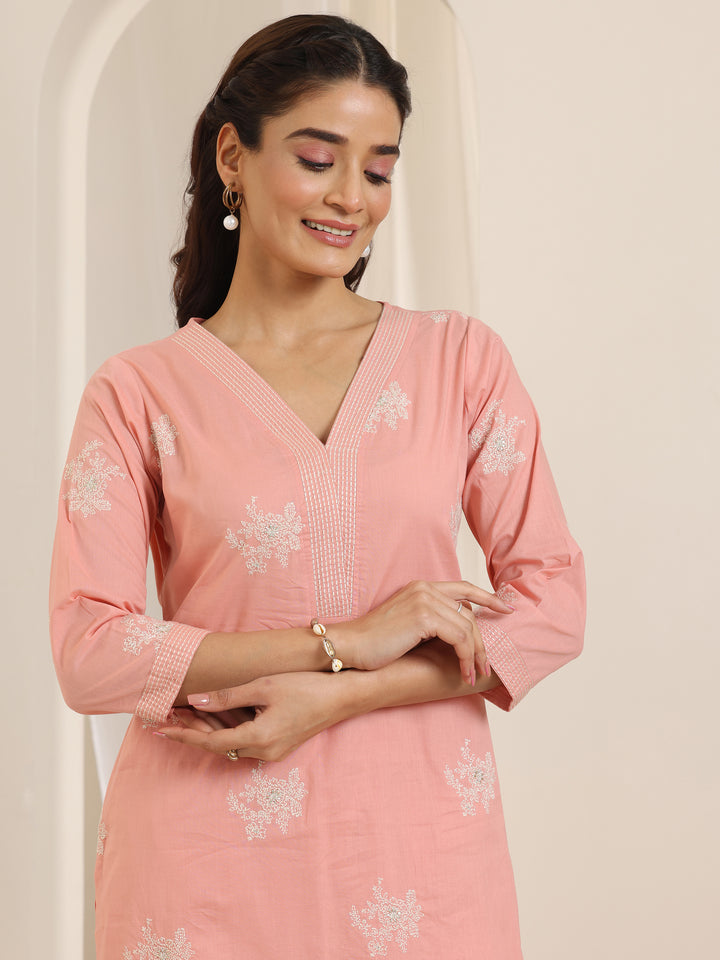 Peach Embroidered Cotton Straight Suit Set With Dupatta