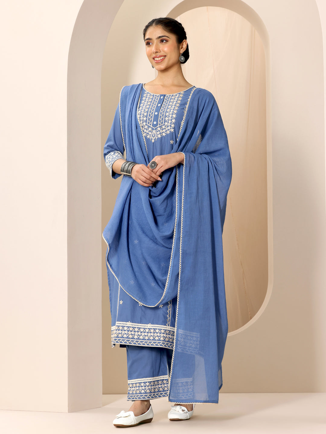 Blue Embroidered Cotton Straight Suit Set With Dupatta