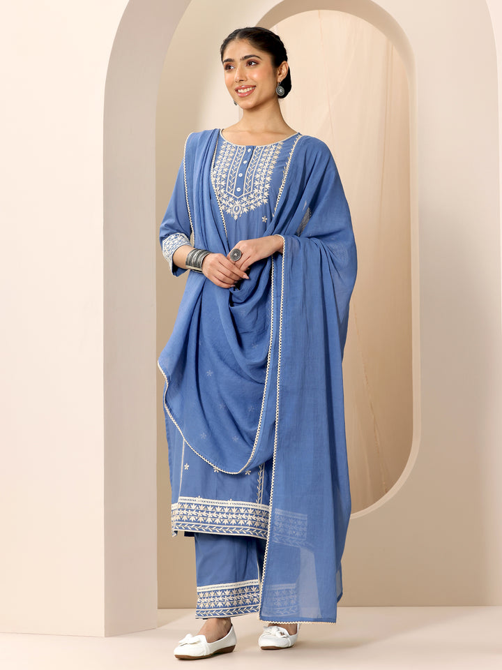 Blue Embroidered Cotton Straight Suit Set With Dupatta