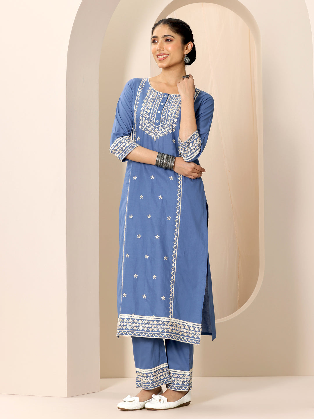 Blue Embroidered Cotton Straight Suit Set With Dupatta