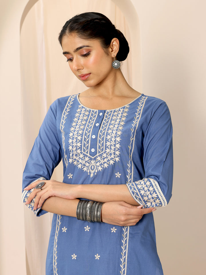 Blue Embroidered Cotton Straight Suit Set With Dupatta