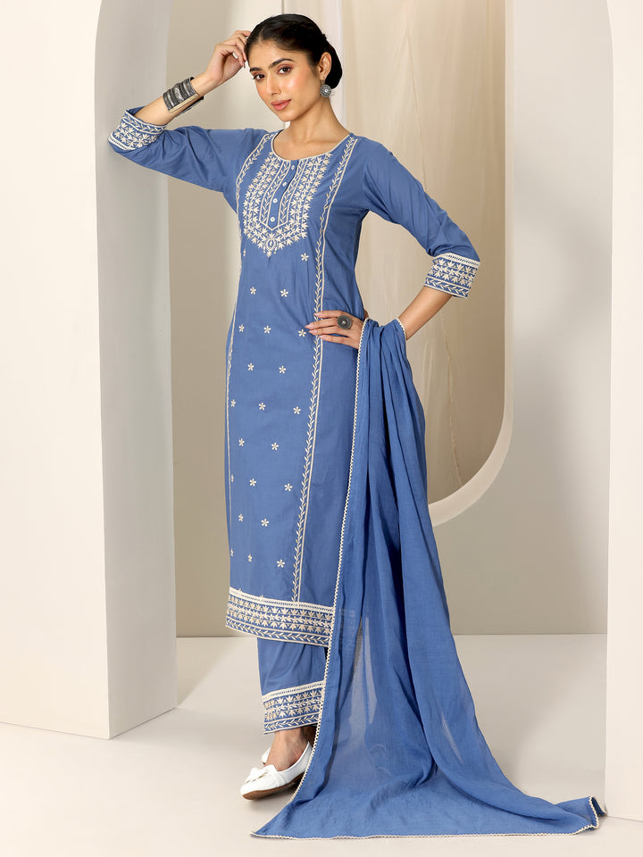 Blue Embroidered Cotton Straight Suit Set With Dupatta
