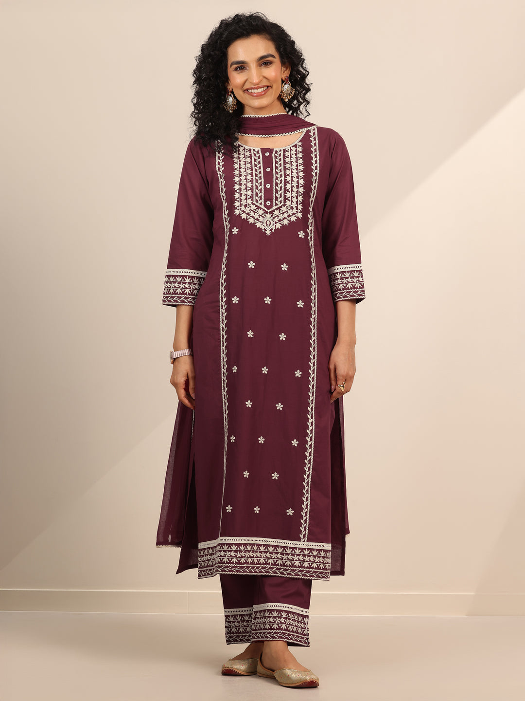 Maroon Embroidered Cotton Straight Suit Set With Dupatta
