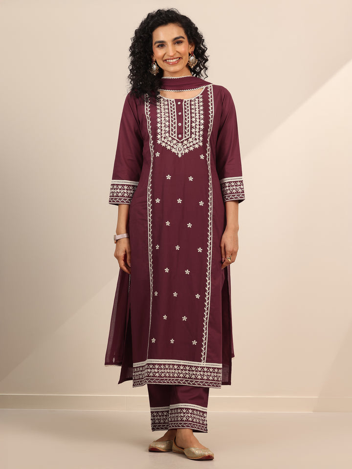 Maroon Embroidered Cotton Straight Suit Set With Dupatta