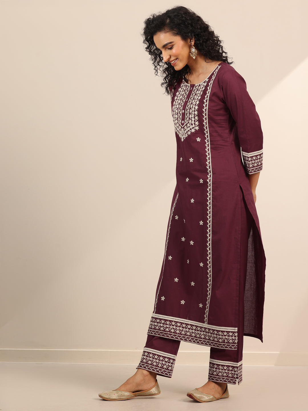 Maroon Embroidered Cotton Straight Suit Set With Dupatta