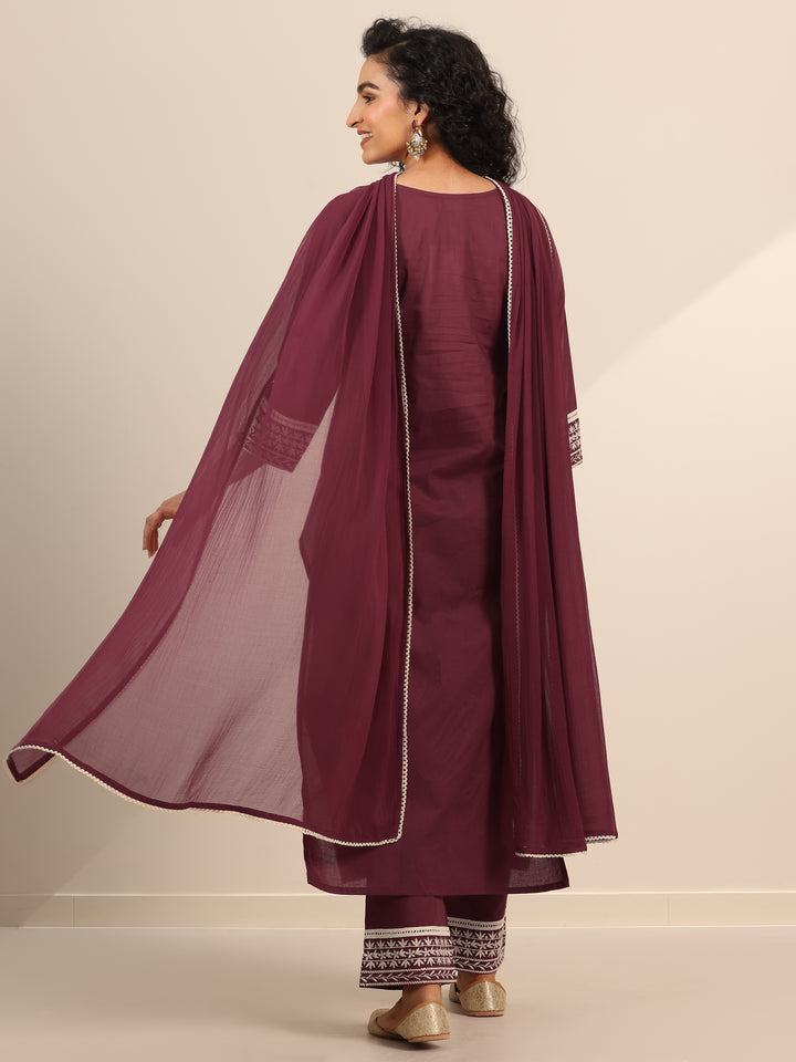 Maroon Embroidered Cotton Straight Suit Set With Dupatta