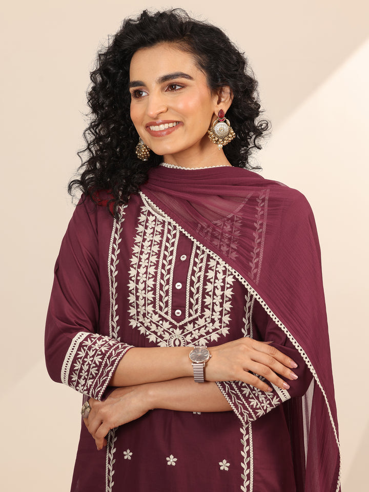 Maroon Embroidered Cotton Straight Suit Set With Dupatta