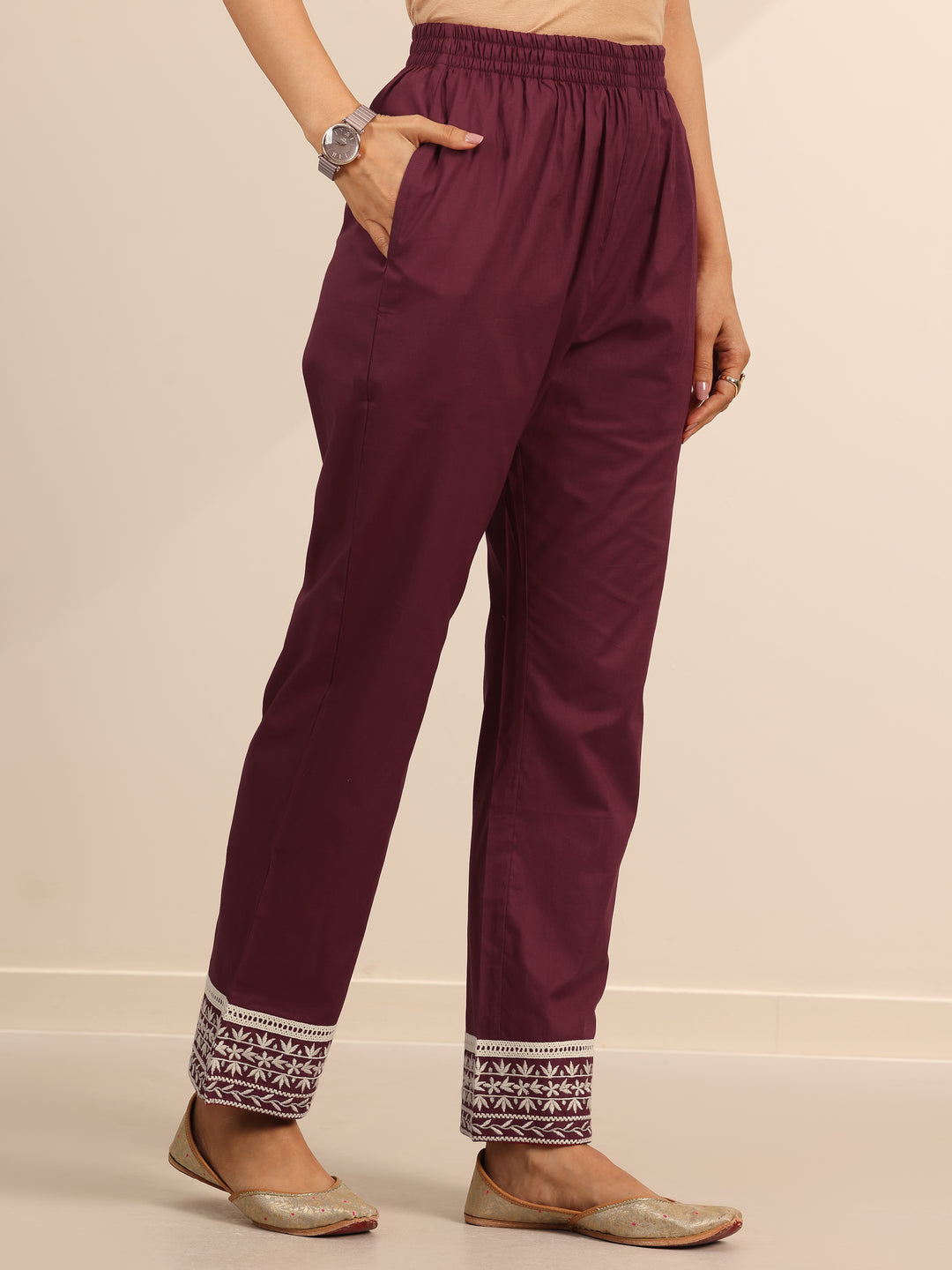 Maroon Embroidered Cotton Straight Suit Set With Dupatta