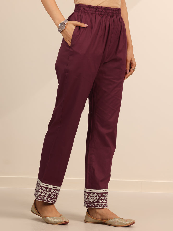 Maroon Embroidered Cotton Straight Suit Set With Dupatta