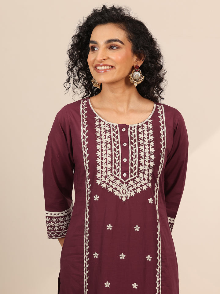 Maroon Embroidered Cotton Straight Suit Set With Dupatta
