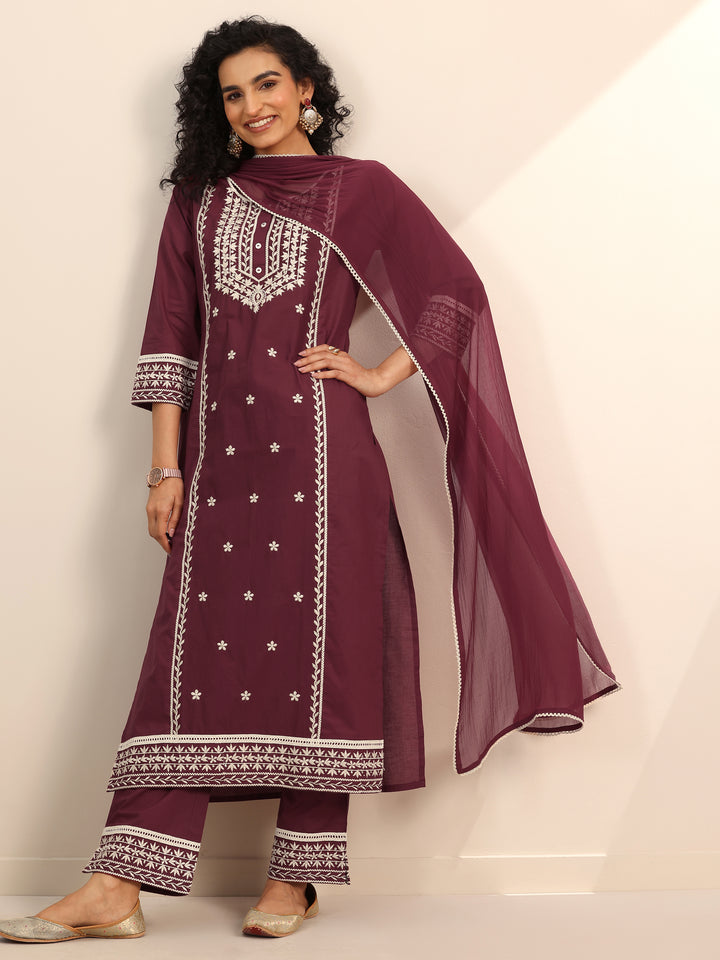 Maroon Embroidered Cotton Straight Suit Set With Dupatta