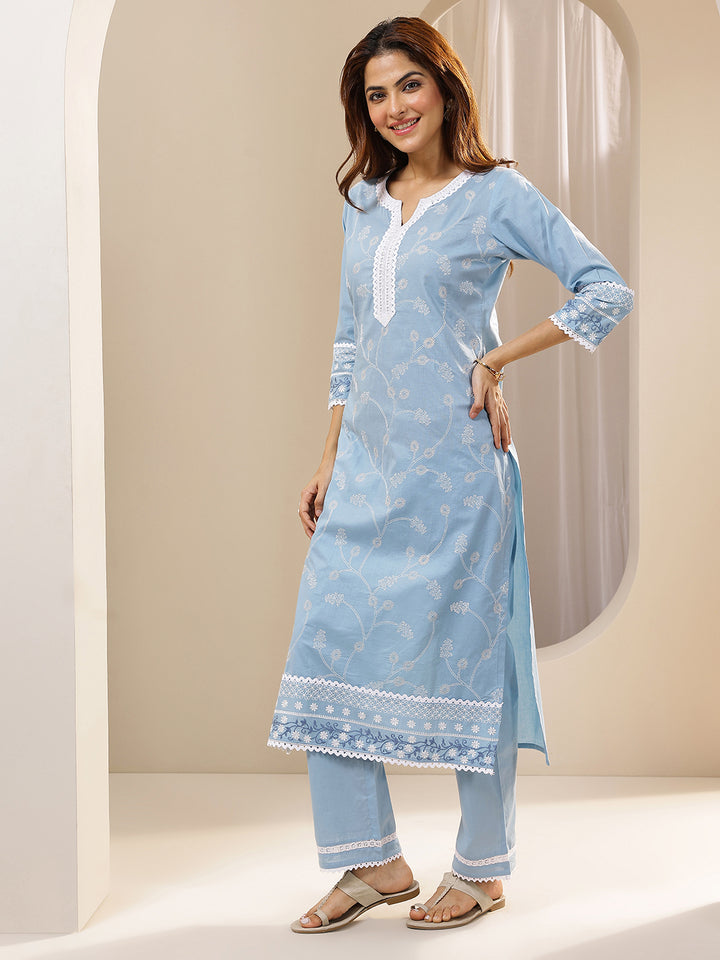 Blue Embroidered Cotton Straight Suit Sets With Dupatta