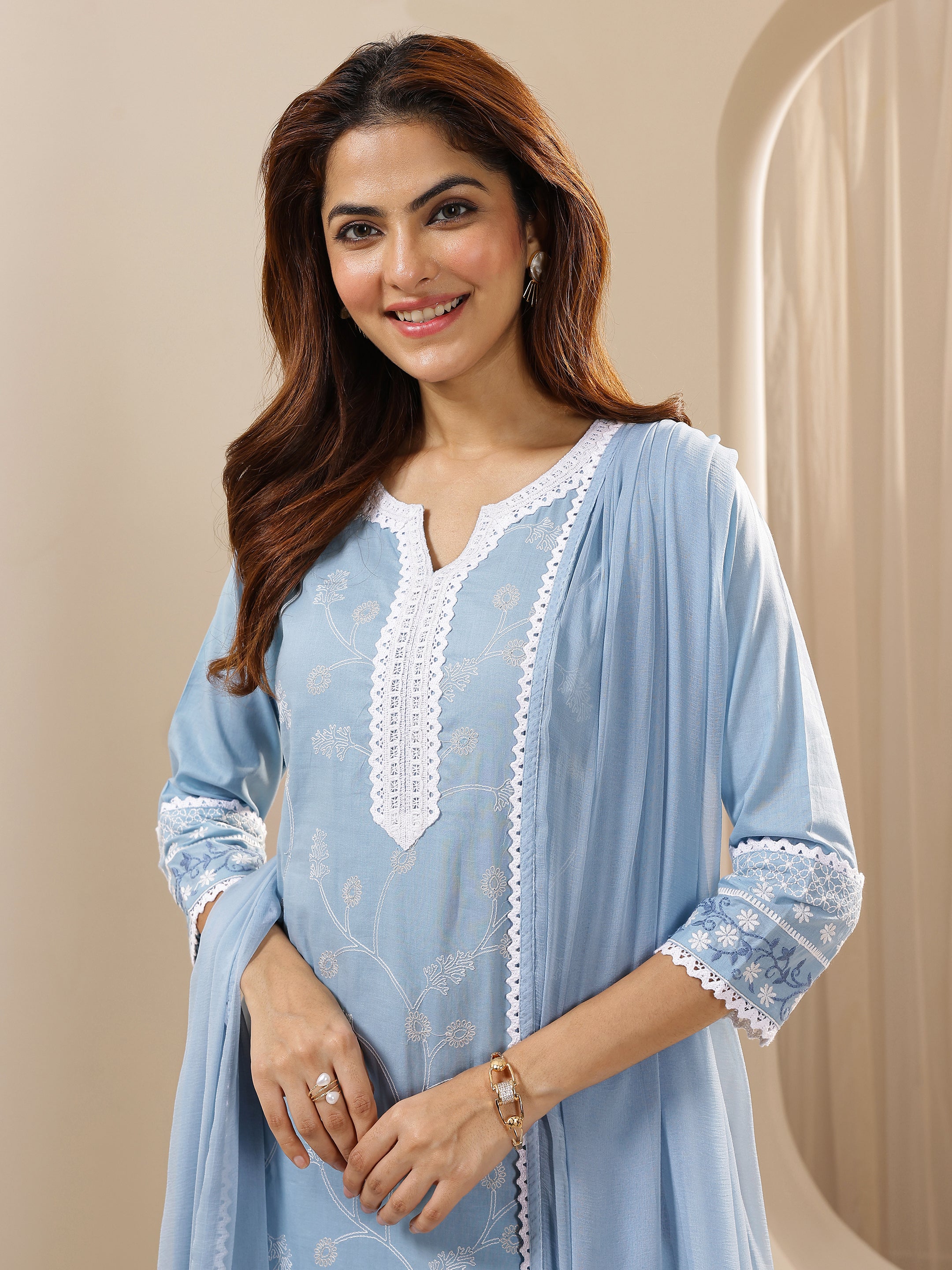 Yellow Embroidered Cotton Straight Suit Set With Dupatta