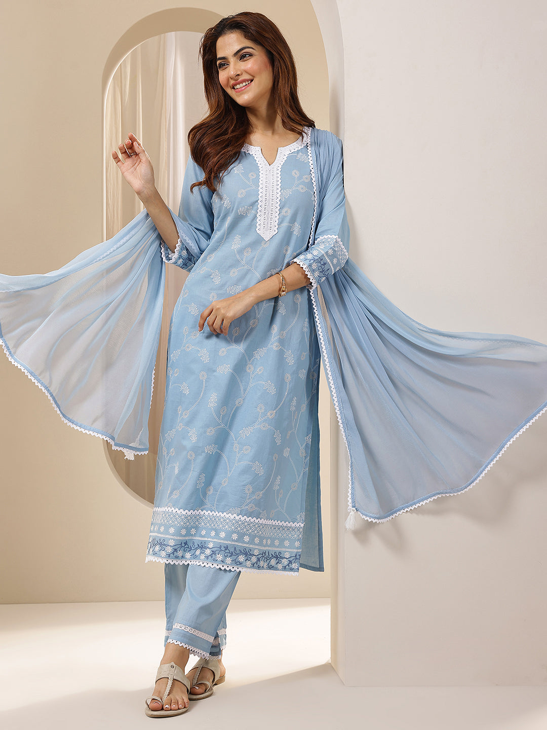 Blue Embroidered Cotton Straight Suit Sets With Dupatta