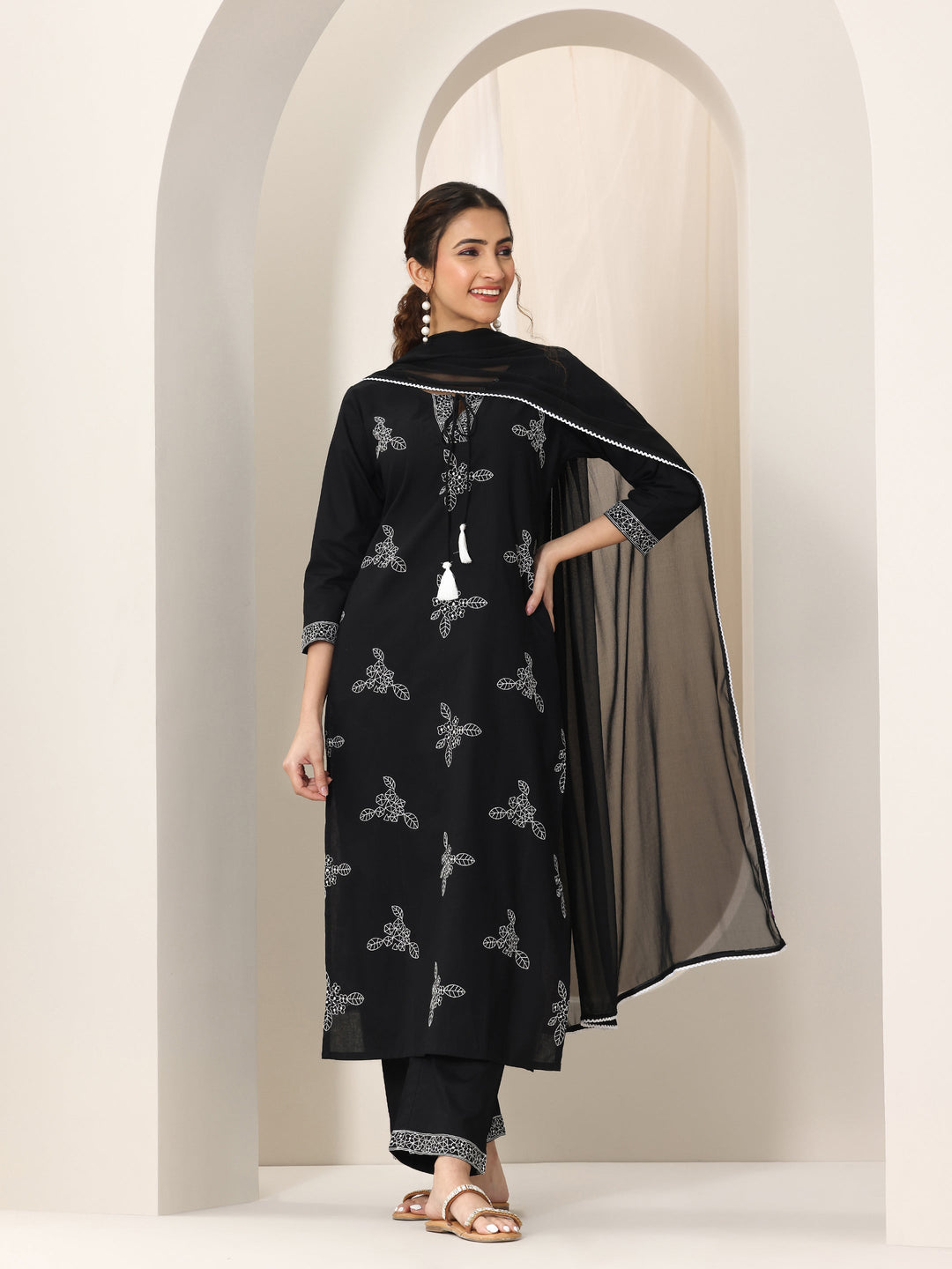 Black Embroidered Cotton Straight Suit Set With Dupatta