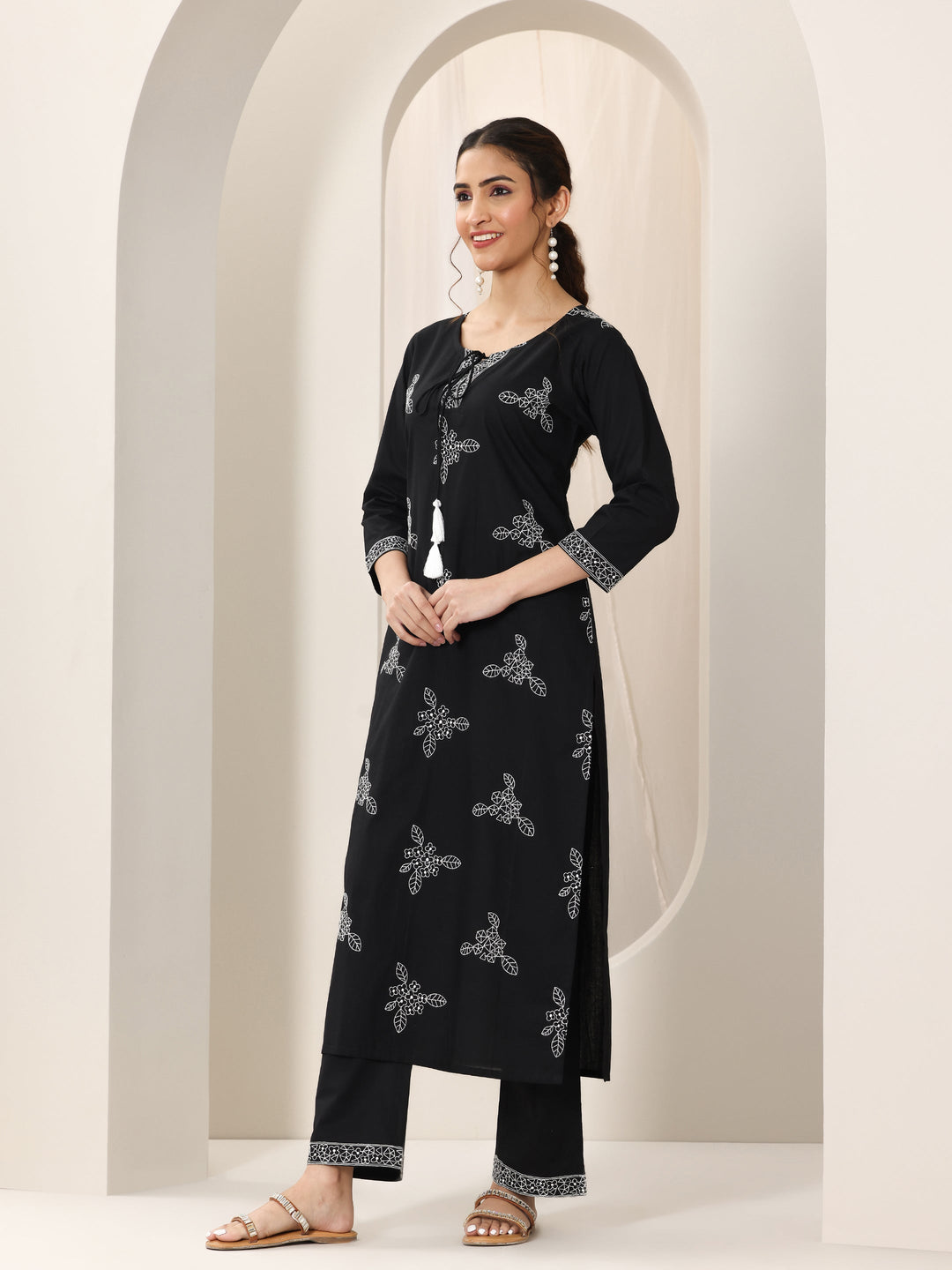 Black Embroidered Cotton Straight Suit Set With Dupatta