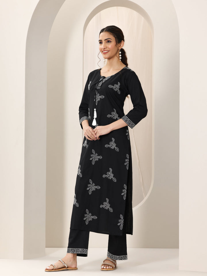 Black Embroidered Cotton Straight Suit Set With Dupatta