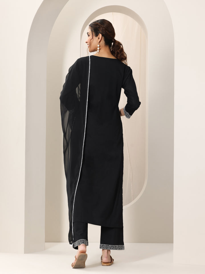 Black Embroidered Cotton Straight Suit Set With Dupatta