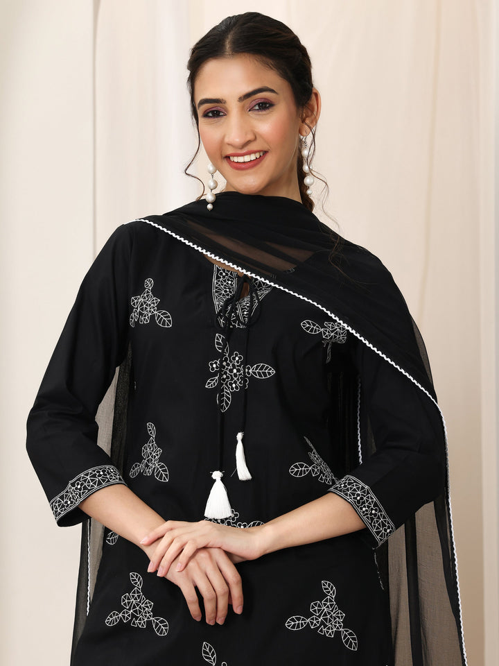 Black Embroidered Cotton Straight Suit Set With Dupatta