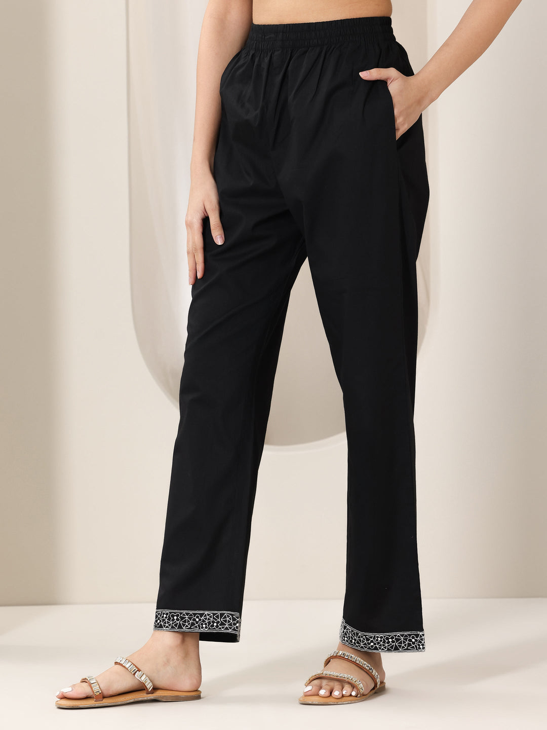 Black Embroidered Cotton Straight Suit Set With Dupatta