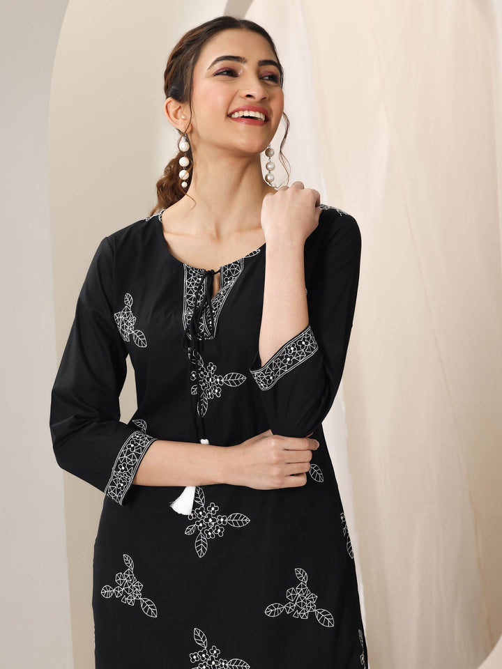 Black Embroidered Cotton Straight Suit Set With Dupatta