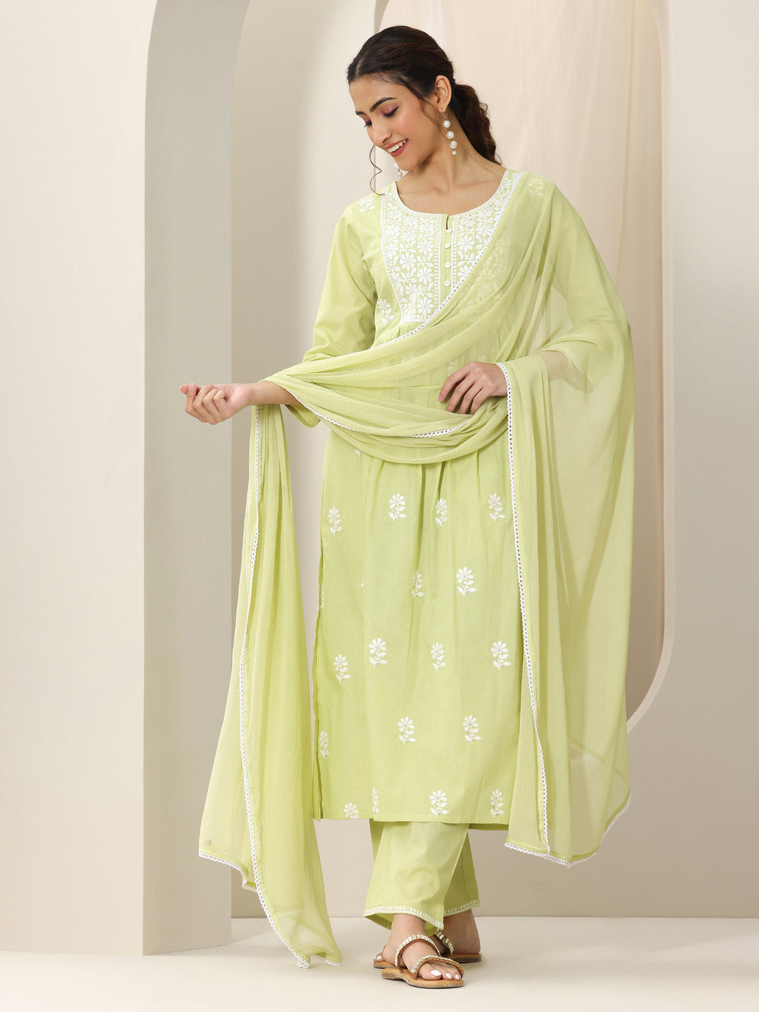 Lime Green Embroidered Cotton A-Line Suit Set With Dupatta