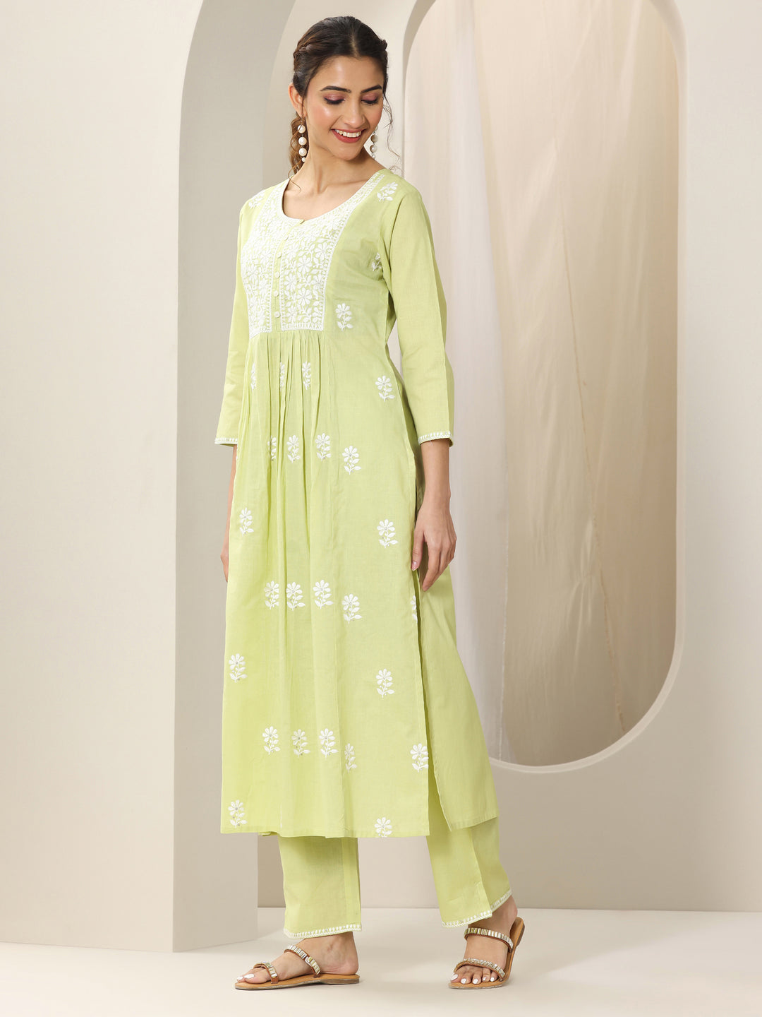 Lime Green Embroidered Cotton A-Line Suit Set With Dupatta