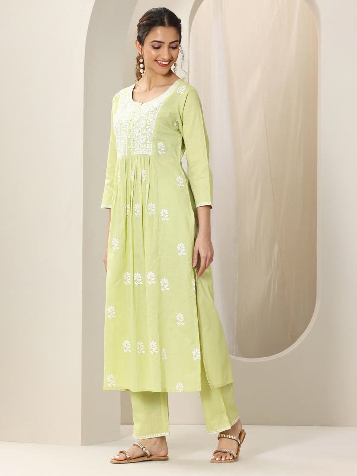 Lime Green Embroidered Cotton A-Line Suit Set With Dupatta