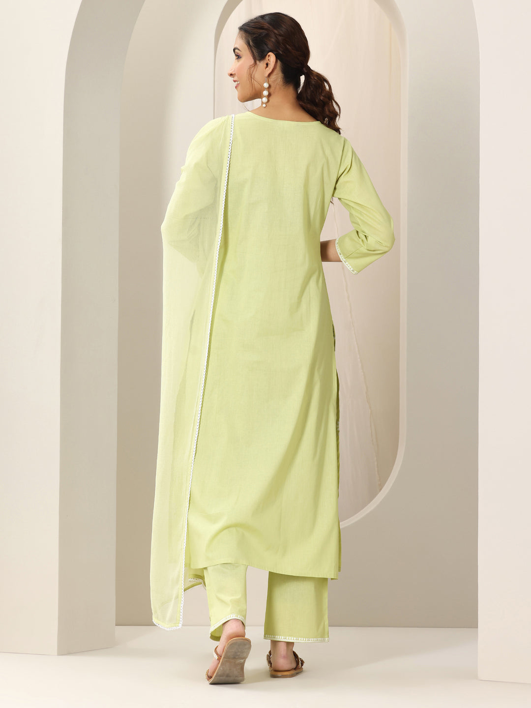 Lime Green Embroidered Cotton A-Line Suit Set With Dupatta