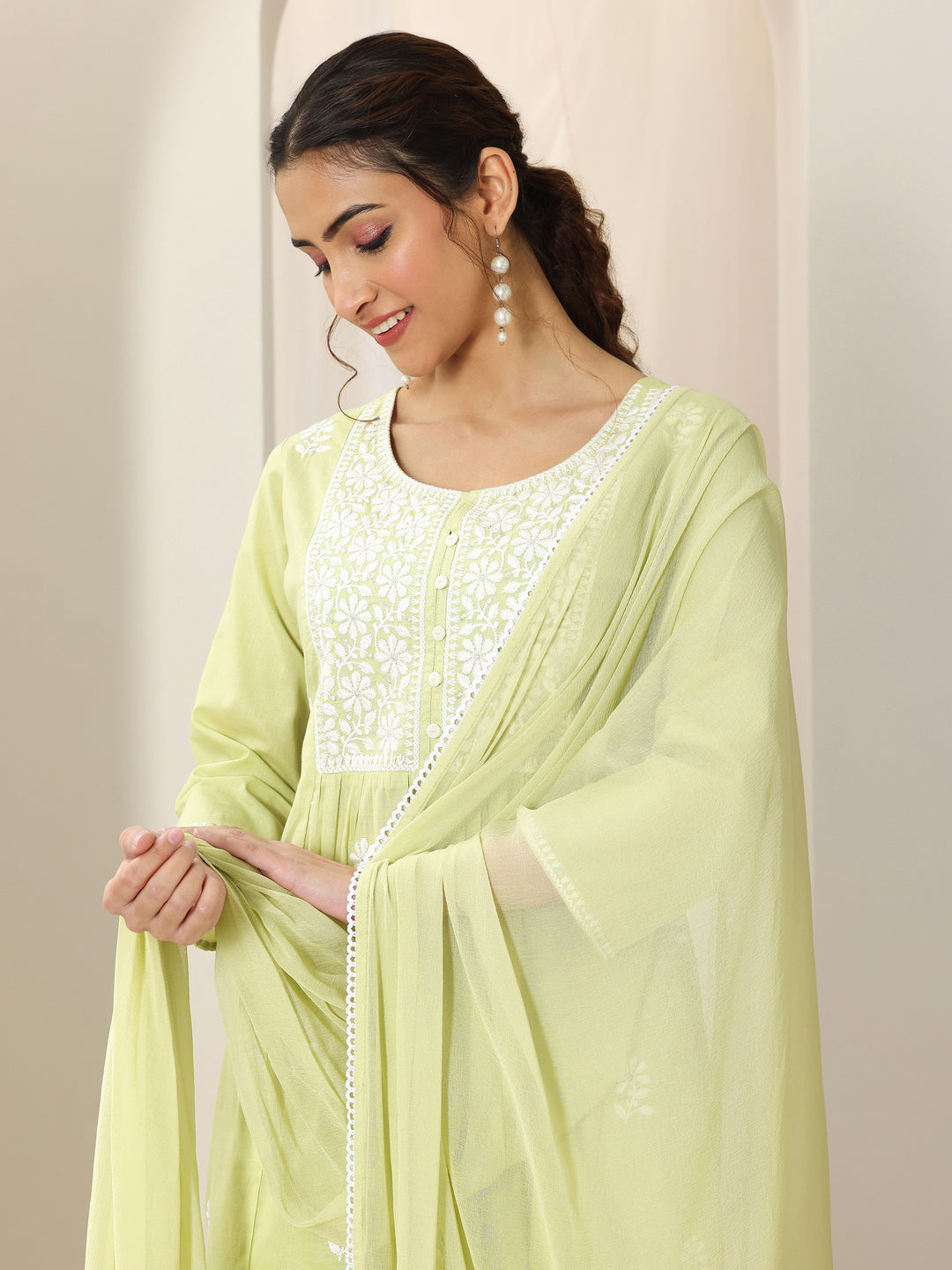 Lime Green Embroidered Cotton A-Line Suit Set With Dupatta