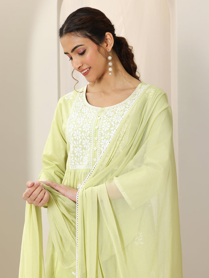 Lime Green Embroidered Cotton A-Line Suit Set With Dupatta