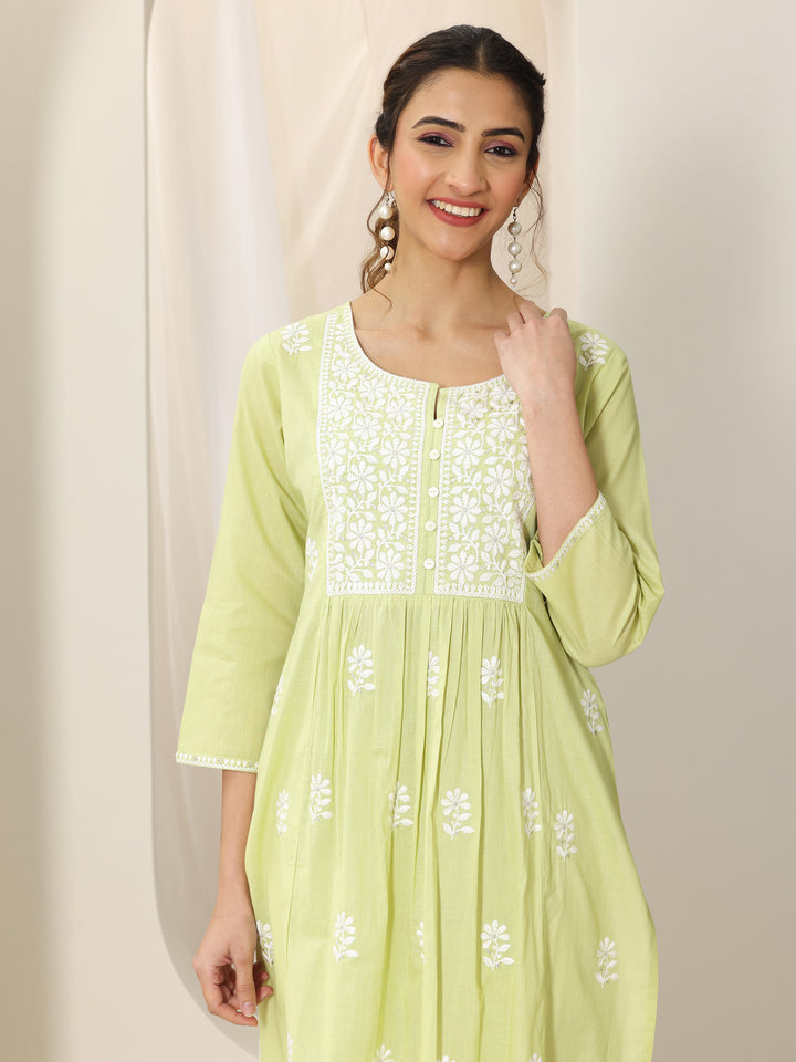Lime Green Embroidered Cotton A-Line Suit Set With Dupatta