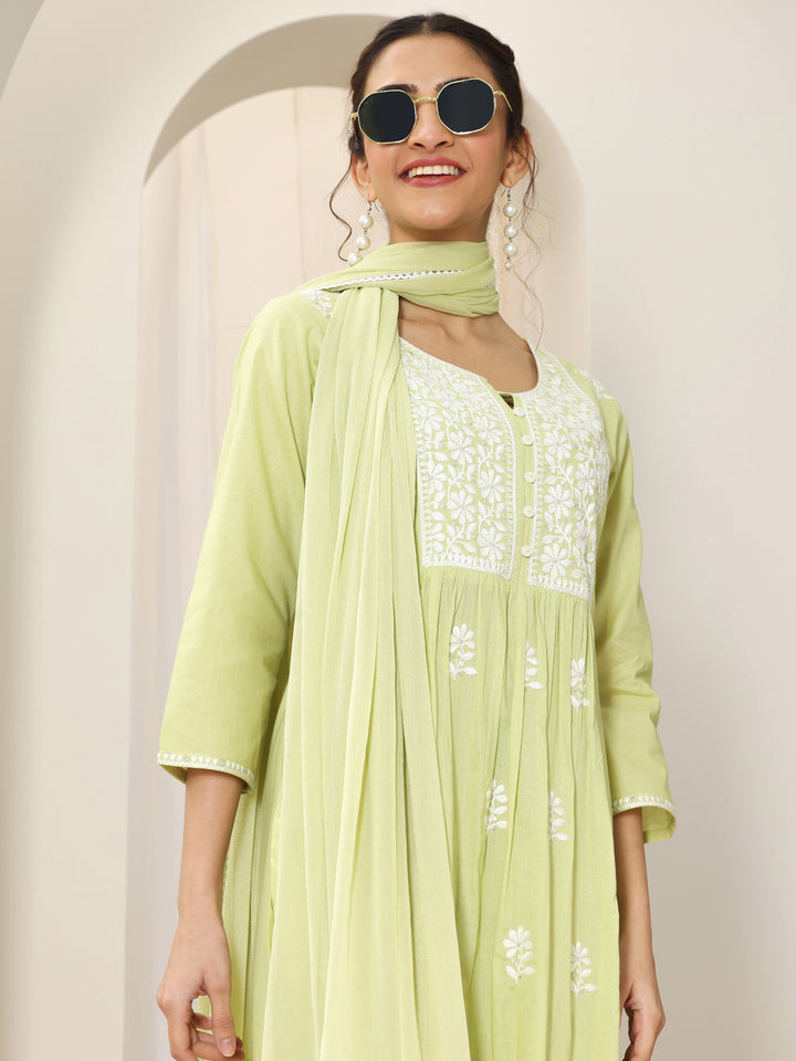 Lime Green Embroidered Cotton A-Line Suit Set With Dupatta