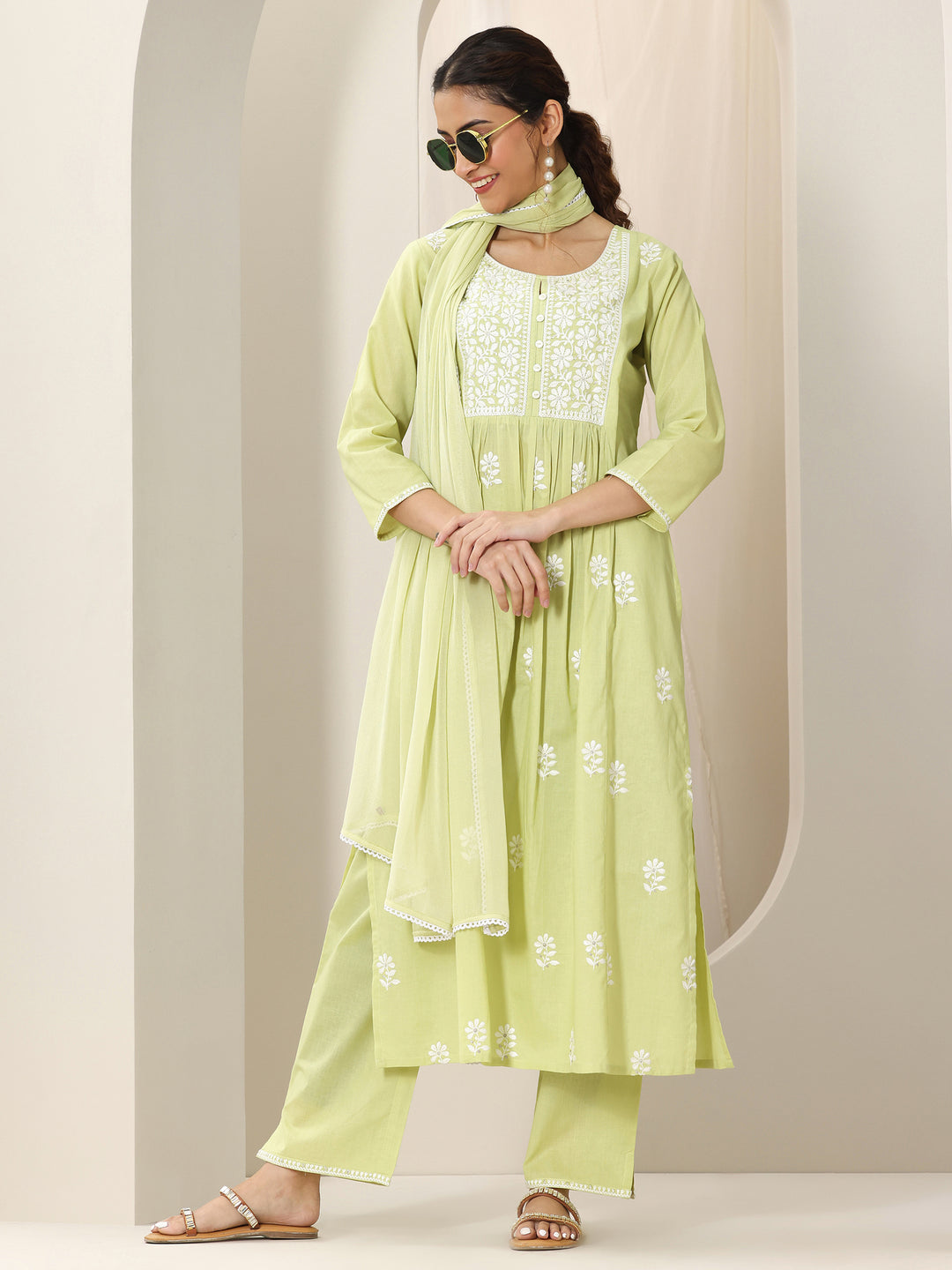 Lime Green Embroidered Cotton A-Line Suit Set With Dupatta