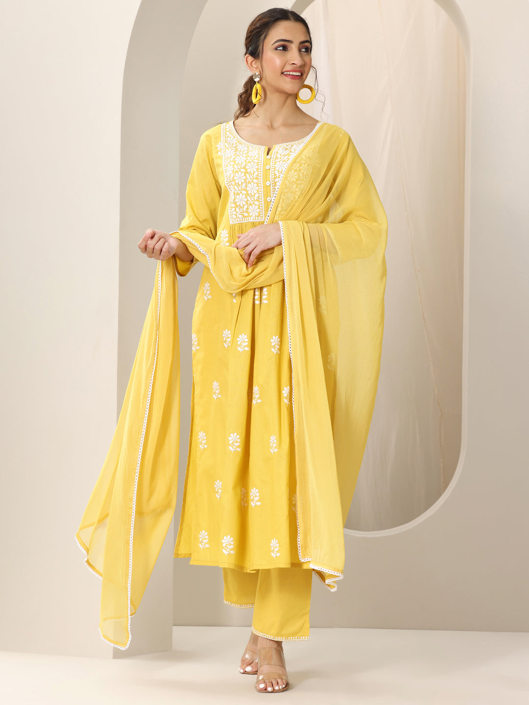 Yellow Embroidered Cotton A-Line Suit Set With Dupatta