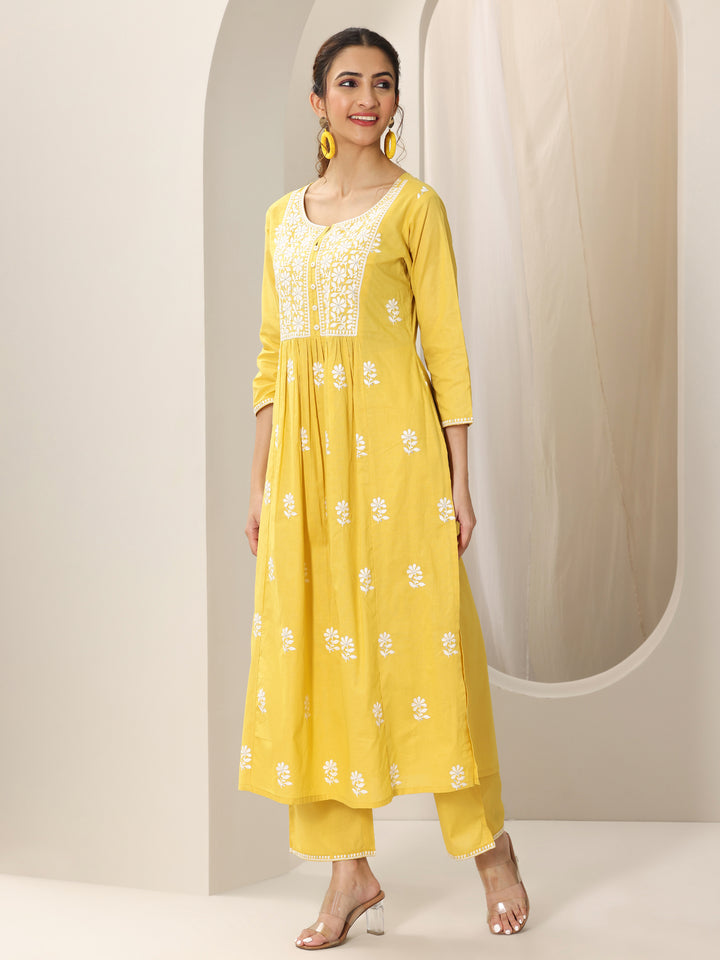 Yellow Embroidered Cotton A-Line Suit Set With Dupatta