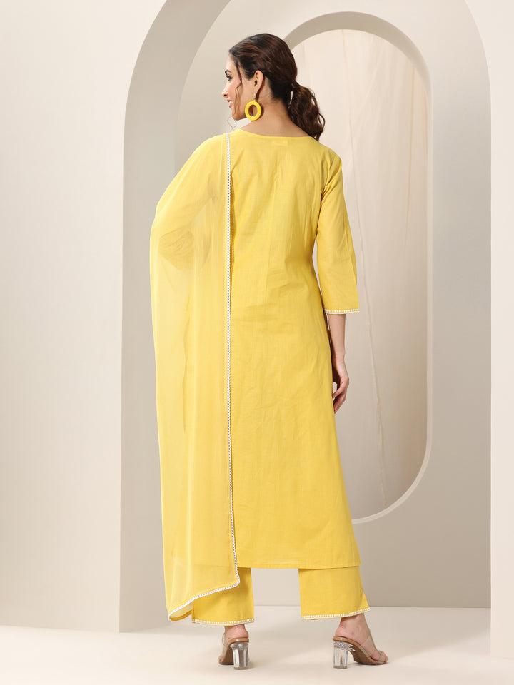 Yellow Embroidered Cotton A-Line Suit Set With Dupatta