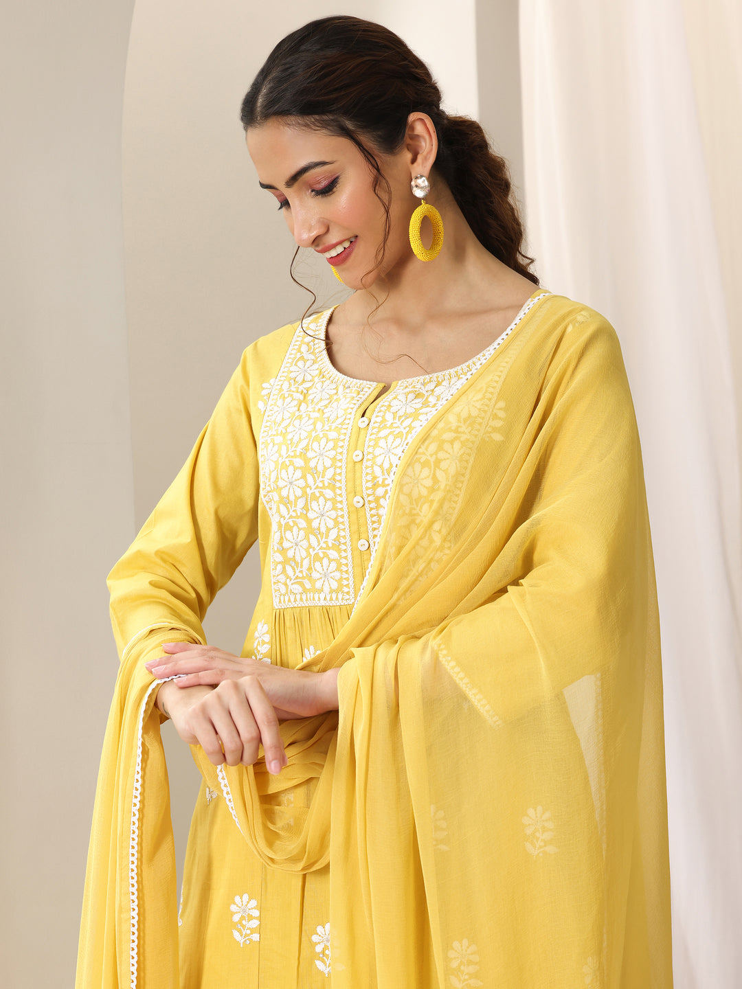 Yellow Embroidered Cotton A-Line Suit Set With Dupatta