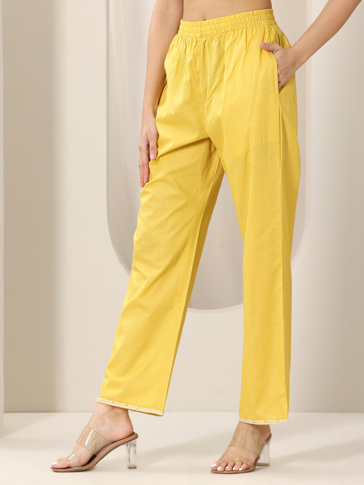 Yellow Embroidered Cotton A-Line Suit Set With Dupatta