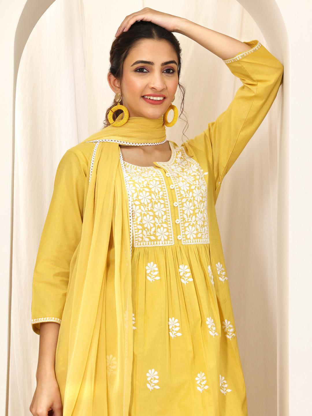 Yellow Embroidered Cotton A-Line Suit Set With Dupatta