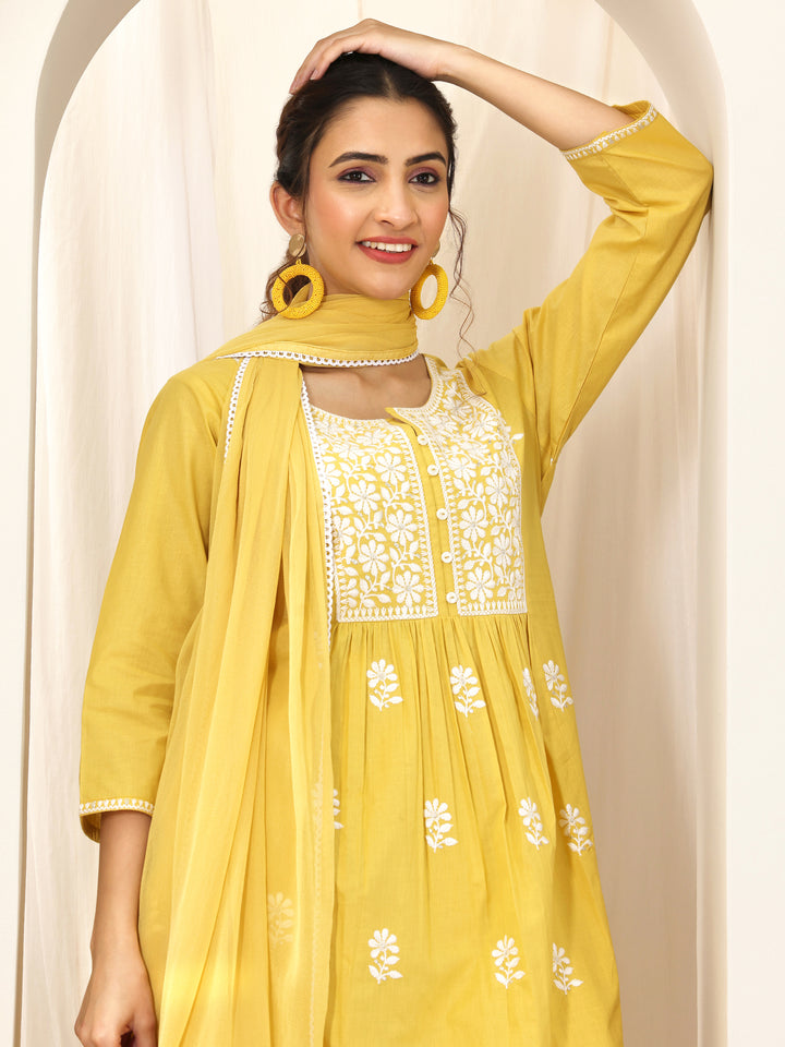 Yellow Embroidered Cotton A-Line Suit Set With Dupatta